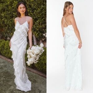 Show Me Your Mumu Romance Ruffle Maxi Dress in Ivory Luxe Satin Medium